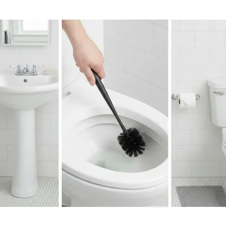 szczotka toaletowa czarna, szczotka WC stojąca, zestaw WC z pojemnikiem, szczotka do toalety nowoczesna, akcesoria łazienkowe czarne, szczotka do WC